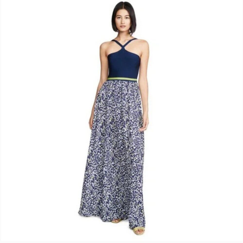 NWT Tanya Taylor Midi Dress Navy Floral Strappy Knit Bodice Maxi Dress Size Med